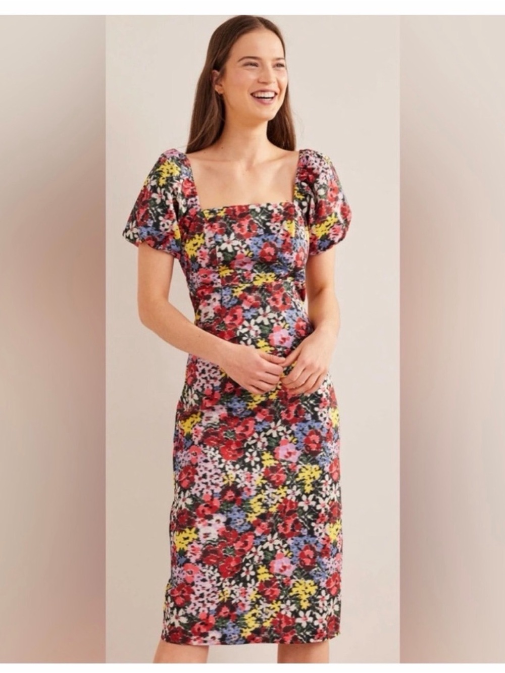 Boden Floral Puff Sleeve Dress Petite 2P Square Neck Fitted